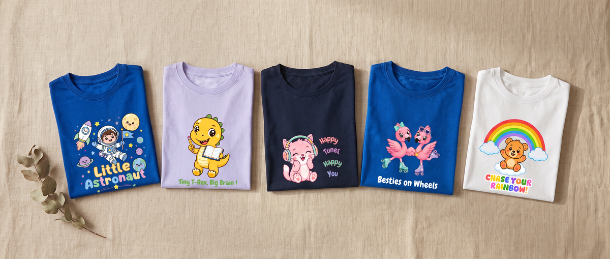 Five Alphonso tees folded on oat linen
