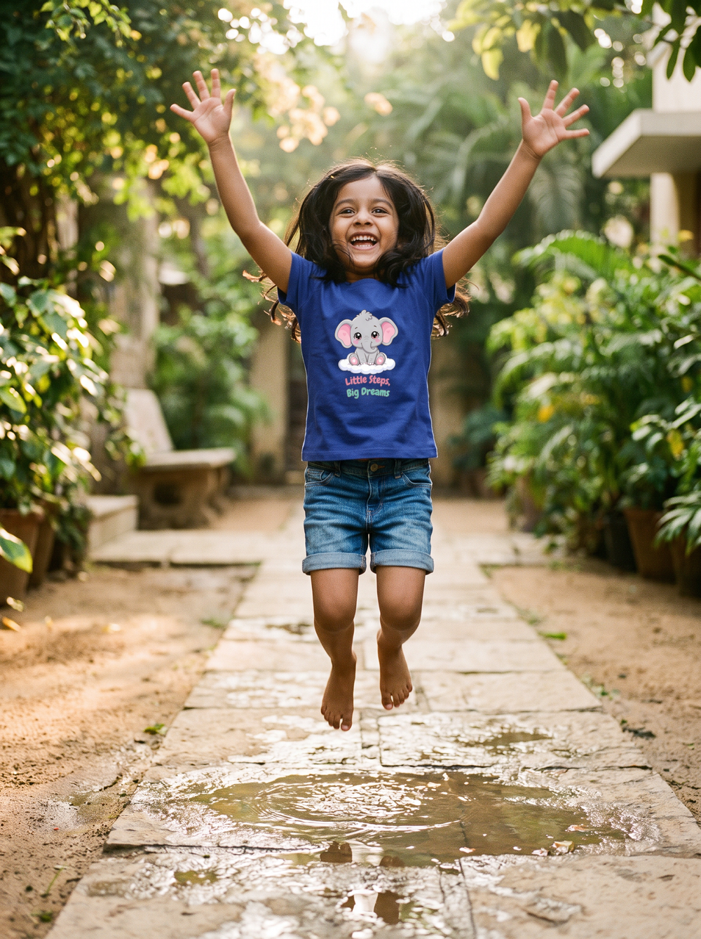 Girl jumping in puddles wearing an Alphonso T-shirt