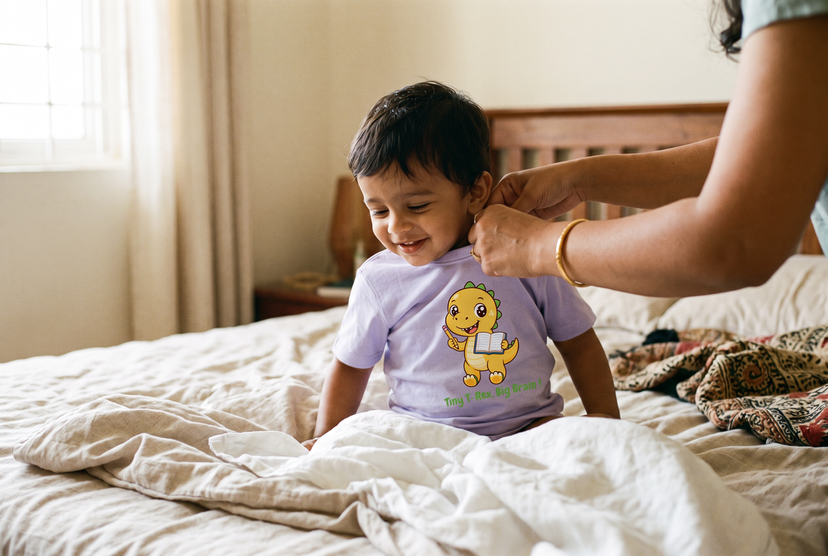 Toddler getting dressed in an Alphonso T-shirt in the morning