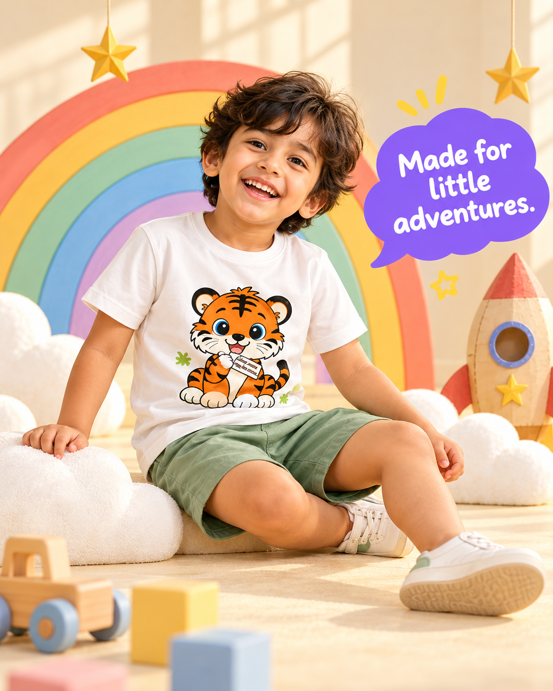 Smiling boy wearing the Alphonso Little Roar tiger T-shirt