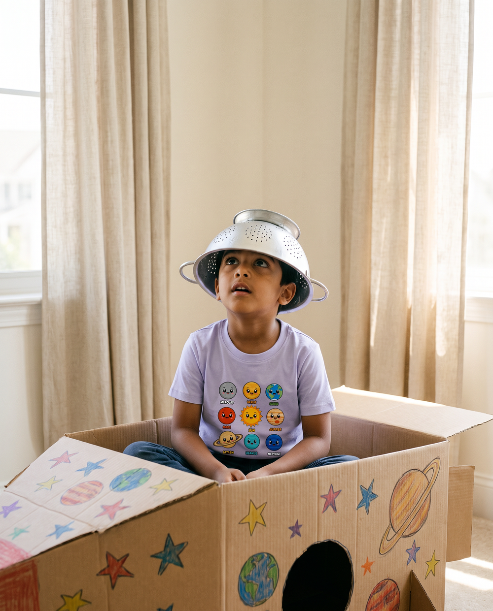 Child playing in a cardboard rocket wearing an Alphonso T-shirt